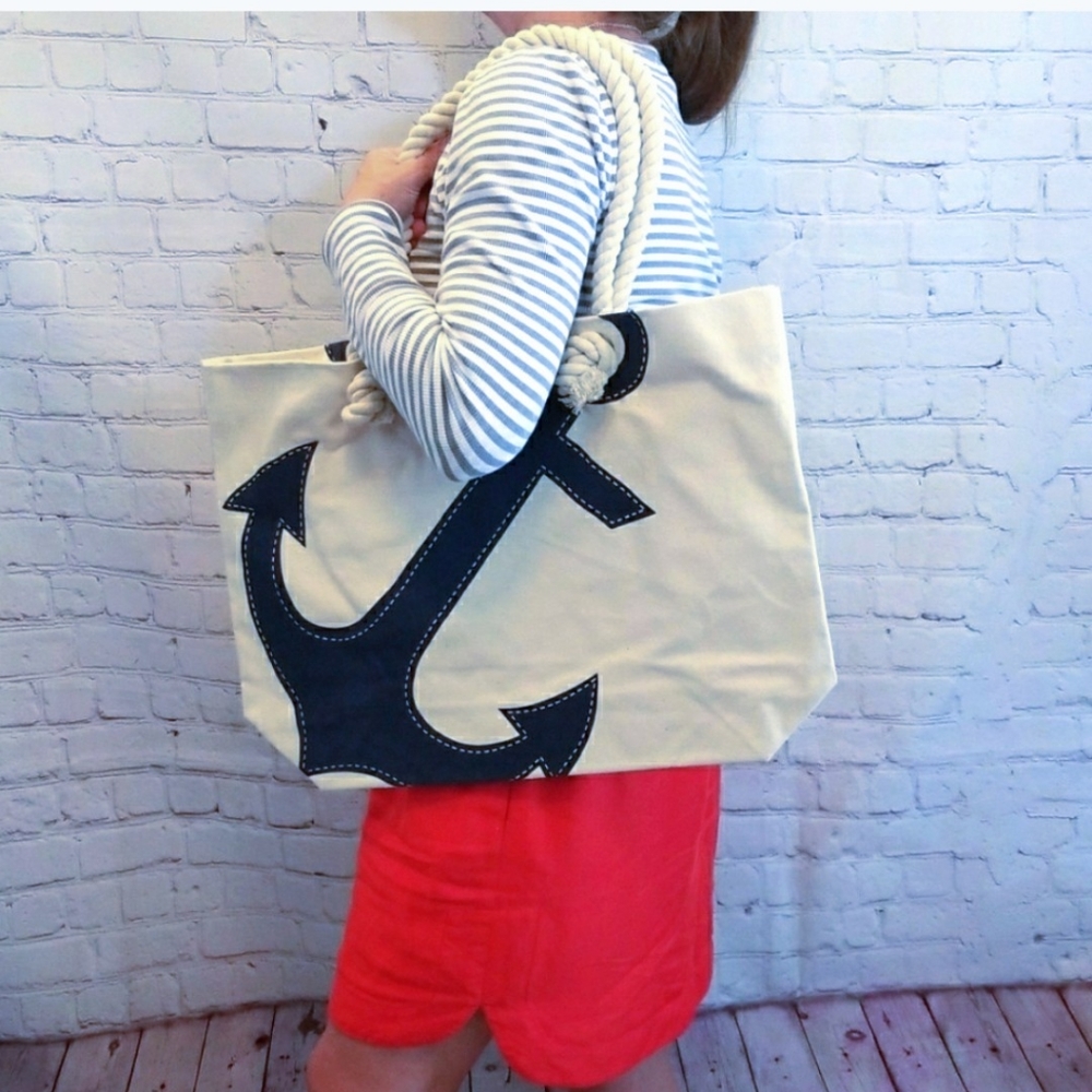 Canvas Tote With Blue Anchor And Rope Handles